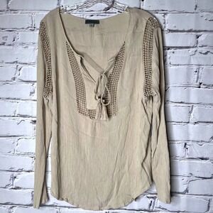Joseph A Tan Blouse XL Tie Neck Womens Long Sleeve Crochet Lace Boho Peasant Top